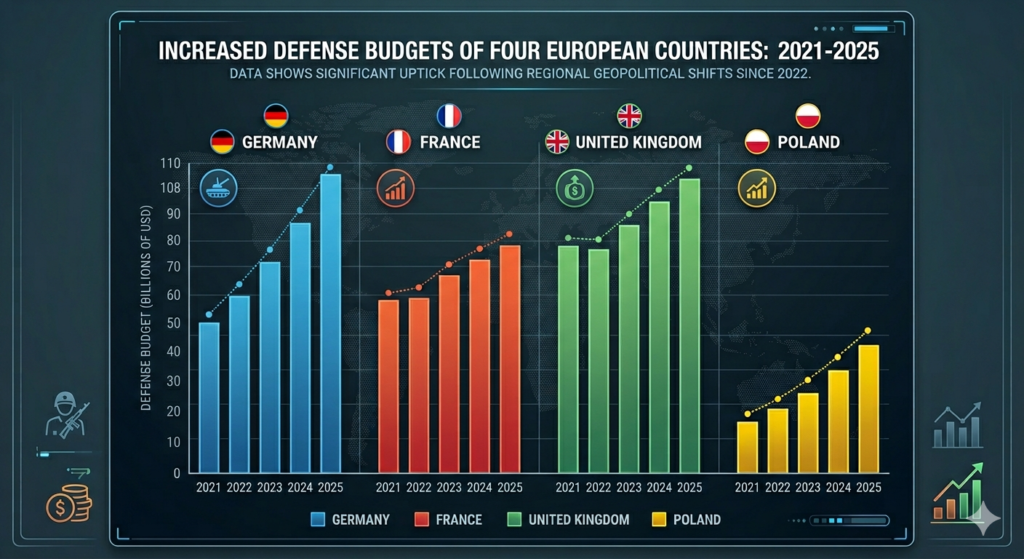 Defense budget of four European countries from 2021 to 2025